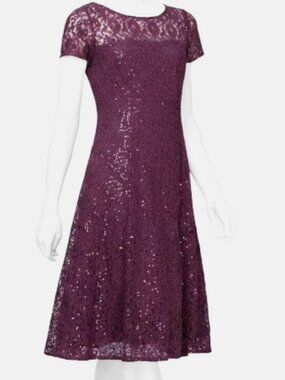 SLNY Women's Purple Sequins Lace Illusion Dress